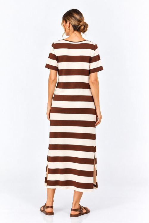 Vestido midi moletinho listras cafe.